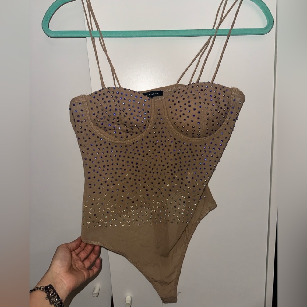 Padded Mesh Body Suit with Rhinestones Size M